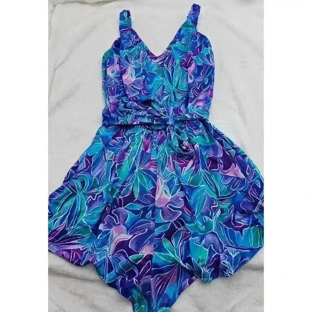 Vtg 90s Le Cove Women's Purple and Teal Flower One-piece Romper Swimsuit